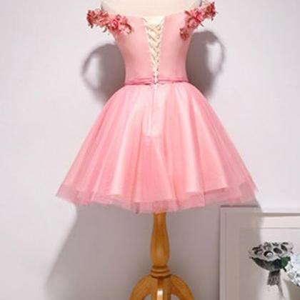 Pink Tulle Off Shoulder Short Pearl Prom Dress,..