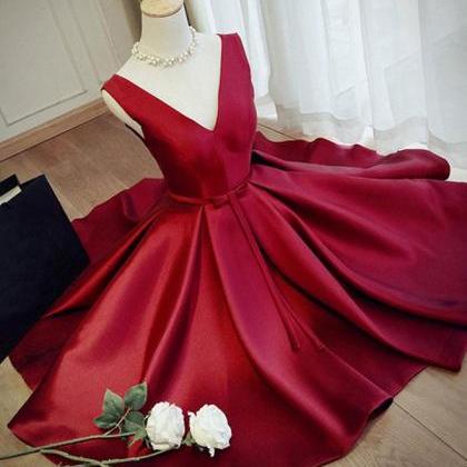 Simple Burgundy V Neck Short Prom Dress,burgundy..