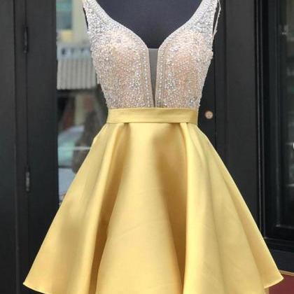 Yellow V Neck Sequin Short Prom Dress, Yellow..