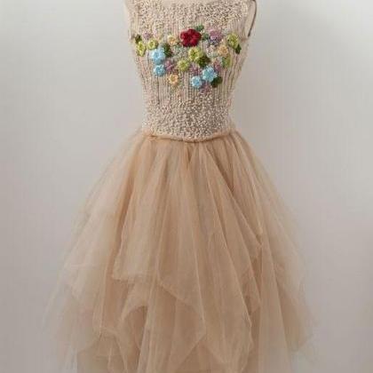 Champagne Tulle Beads Short Prom Dress, Champagne..