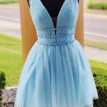 Blue V Neck Tulle Short Prom Dress, Blue Tulle..