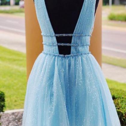 Blue V Neck Tulle Short Prom Dress, Blue Tulle..