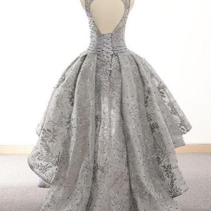 Gray Tulle Lace High Low Prom Dress, Lace..