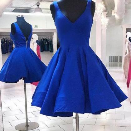 Simple Blue V Neck Short Prom Dress Blue..