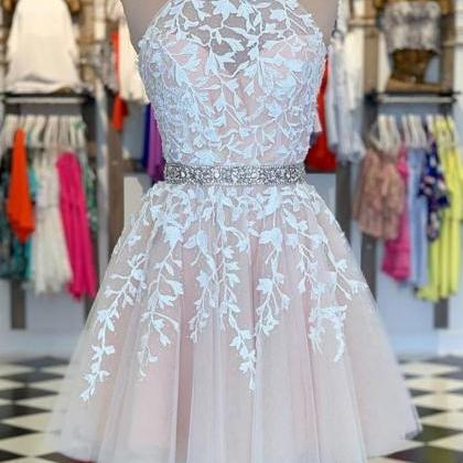 Champagne Tulle Lace Short Prom Dress, Champagne..