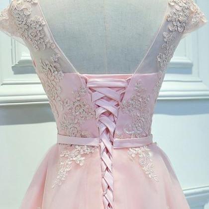 Pink Round Neck Lace Short Prom Dress, Bridesmaid..