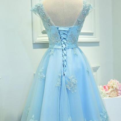 Blue Round Neck Lace Short Prom Dress, Bridesmaid..