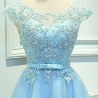 Blue Round Neck Lace Short Prom Dress, Bridesmaid..