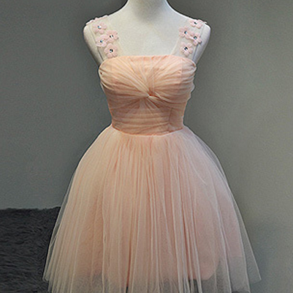 Straps Pink Cute Homecoming Dress, Tulle Short..