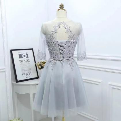 Gray Homecoming Dress, Mid-sleeve Bridesmaid..