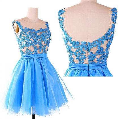 Blue Lace Prom Dress, Short Prom Dress, Simple..