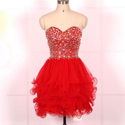 Ball Gown, Sweetheart Beaded Tulle Red Short Prom..