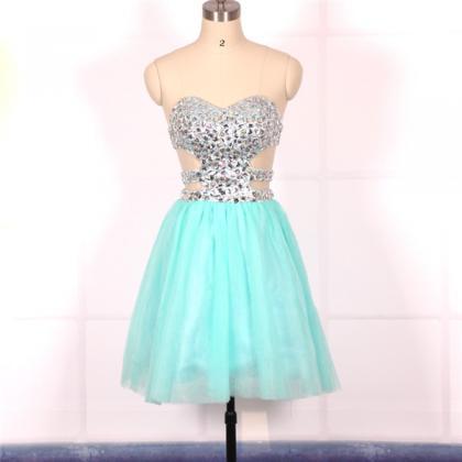 Ball Gown, Sweetheart Beaded Short Blue Prom..