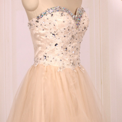 Sweetheart Beaded Ball Gown, Tulle Champagne Short..