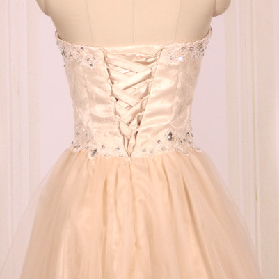 Sweetheart Beaded Ball Gown, Tulle Champagne Short..