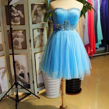 Off Shoulder Blue Tulle Beaded Short Homecoming..