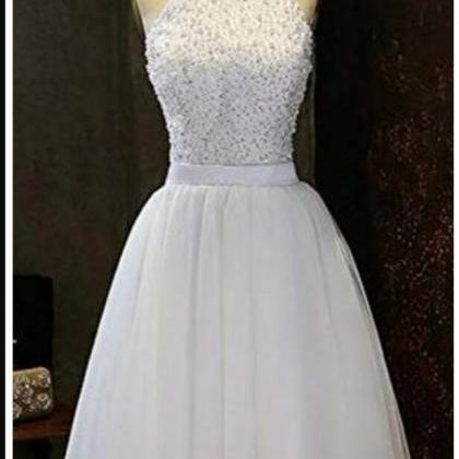 Sexy White Tulle Beaded Short Homecoming Dress, A..