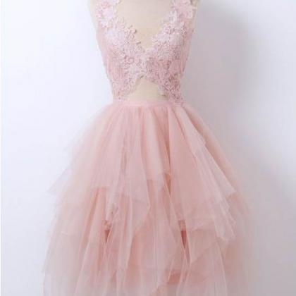 Sexy V Neck Tulle Homecoming Dress With Lace, A..