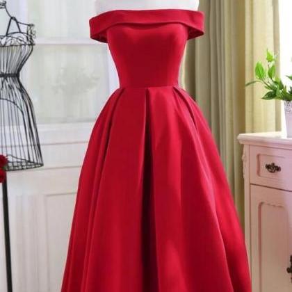 Beautiful Red Satin Tea Length Off Shoulder Party..