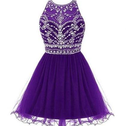 Dark Purple Beaded Tulle Homecoming Dress, Short..
