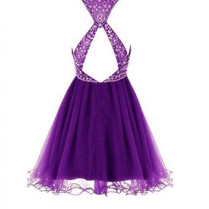 Dark Purple Beaded Tulle Homecoming Dress, Short..