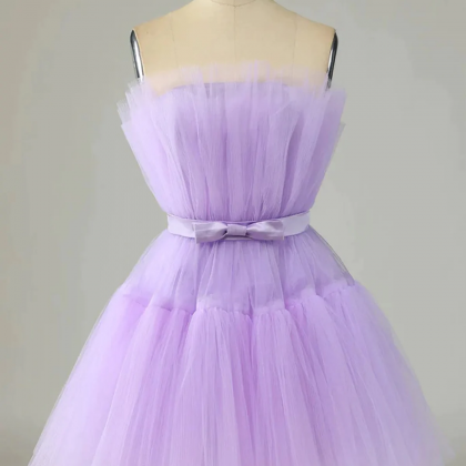 Short Purple Strapless Tulle Prom Dresses, Short..