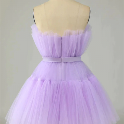 Short Purple Strapless Tulle Prom Dresses, Short..