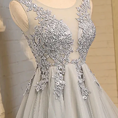 Round Neck Short Gray Lace Prom Dresses, Short..
