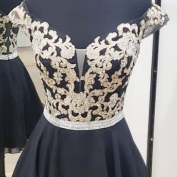 Black Chiffon Lace Short Prom Dress, Black..