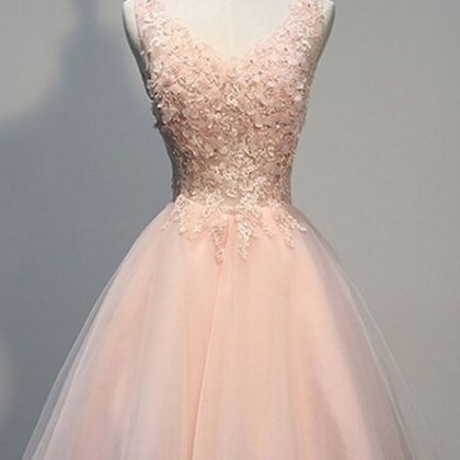 Pink Prom Dress,v Neck Prom Dress,applique Prom..