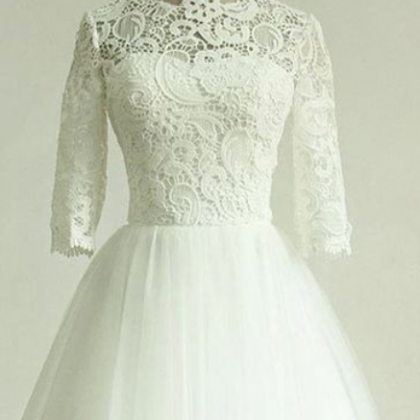 White Short Sleeve Wedding Dress,appliques Lace..