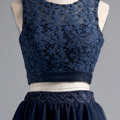Dark Navy Two Piece Homecoming Dresses, A-line..