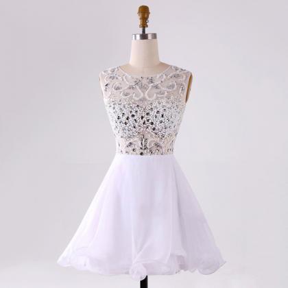 Cute Illusion Beaded Prom Dresses, White Chiffon..