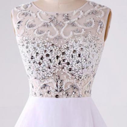 Cute Illusion Beaded Prom Dresses, White Chiffon..