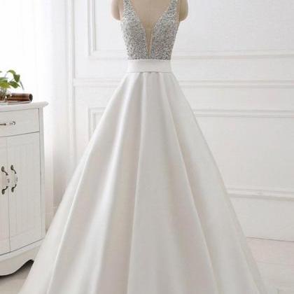 Stunning White A-line V-neck Satin Prom Dress With..