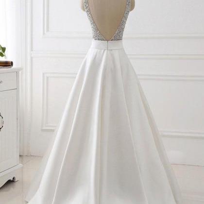 Stunning White A-line V-neck Satin Prom Dress With..