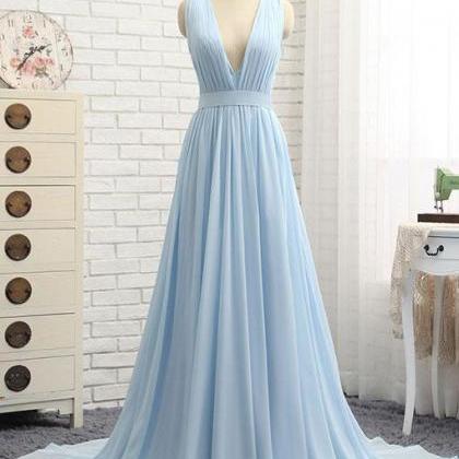 Simple Light Blue V-neck Long Chiffon Prom Dress..