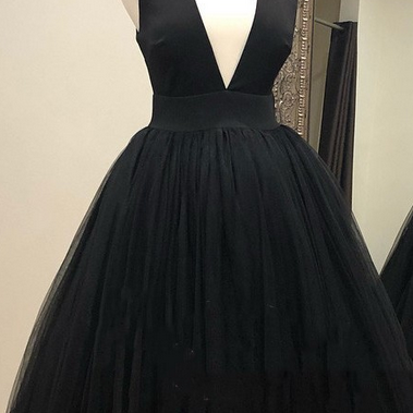 Gorgeous Deep V Neck Black Tulle Long Prom Dress,..