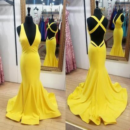 Yellow V-neck Mermaid Sweep Prom Dress, Fashion..