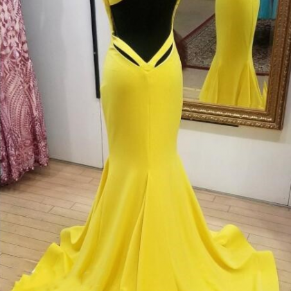 Yellow V-neck Mermaid Sweep Prom Dress, Fashion..