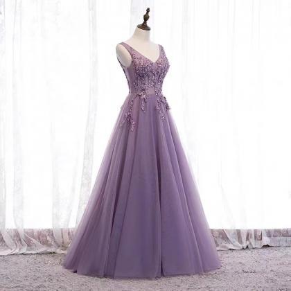 V-neck prom dress , purple party dr..