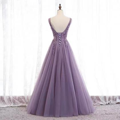 V-neck prom dress , purple party dr..