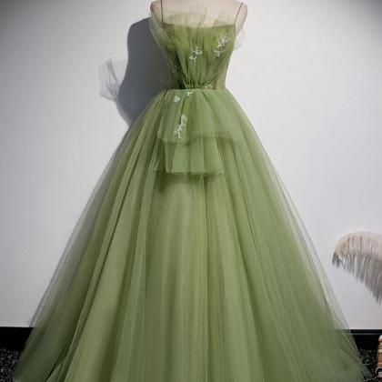 Green tulle long prom dress ,strapl..