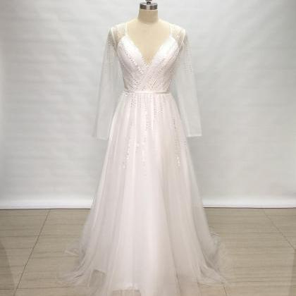 V-neck Tulle Long Wedding Dress With Long Sleeves,..