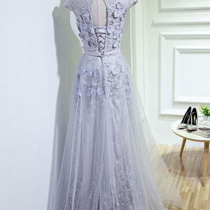 Round Neck Tulle Lace Applique Formal Prom Dress,..