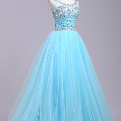 Elegant A-line O-neck Tulle Formal Prom Dress,..