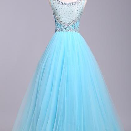 Elegant A-line O-neck Tulle Formal Prom Dress,..