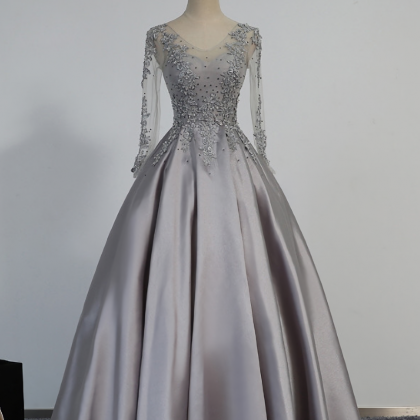 Elegant Long Sleeve Satin Formal Prom Dress,..