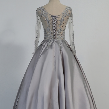 Elegant Long Sleeve Satin Formal Prom Dress,..