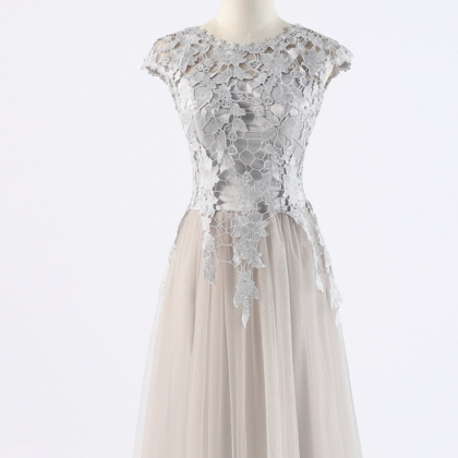 Elegant Lace Cap Sleeve Tulle Formal Prom Dress,..